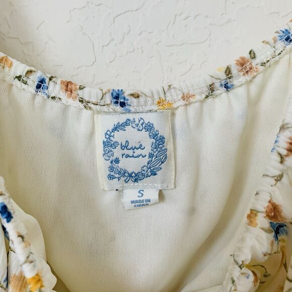Blue Rain Dress Women S Beige Ditsy Floral Mini Puff Cottagecore Peasant Boho - Picture 10 of 12